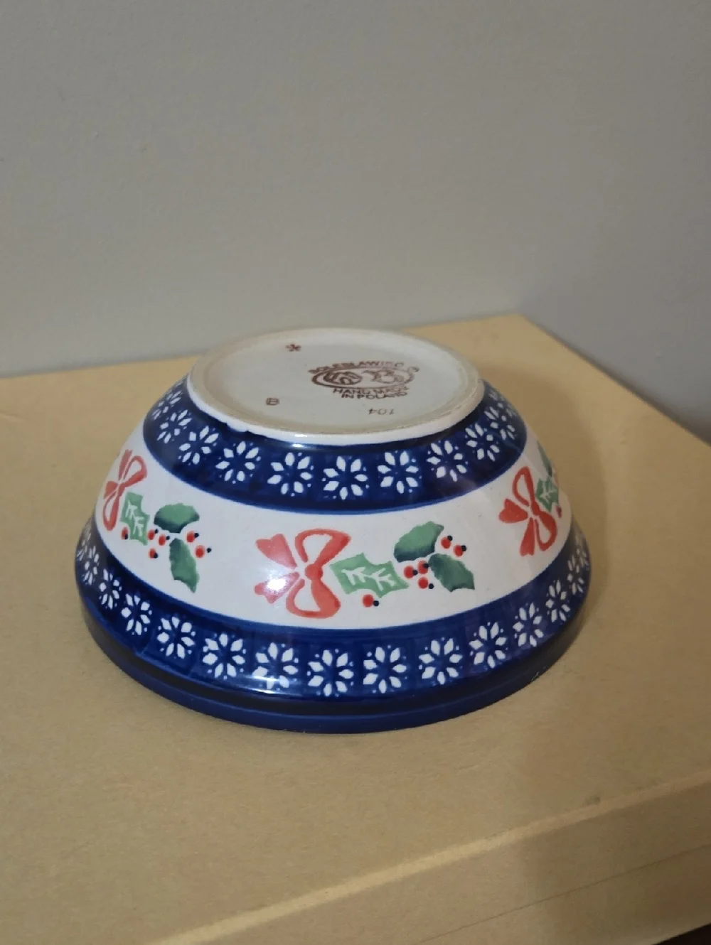 Polish Pottery Boleslawiec Hand-Painted Ceramic Bowl in Blue, White, Red & Green